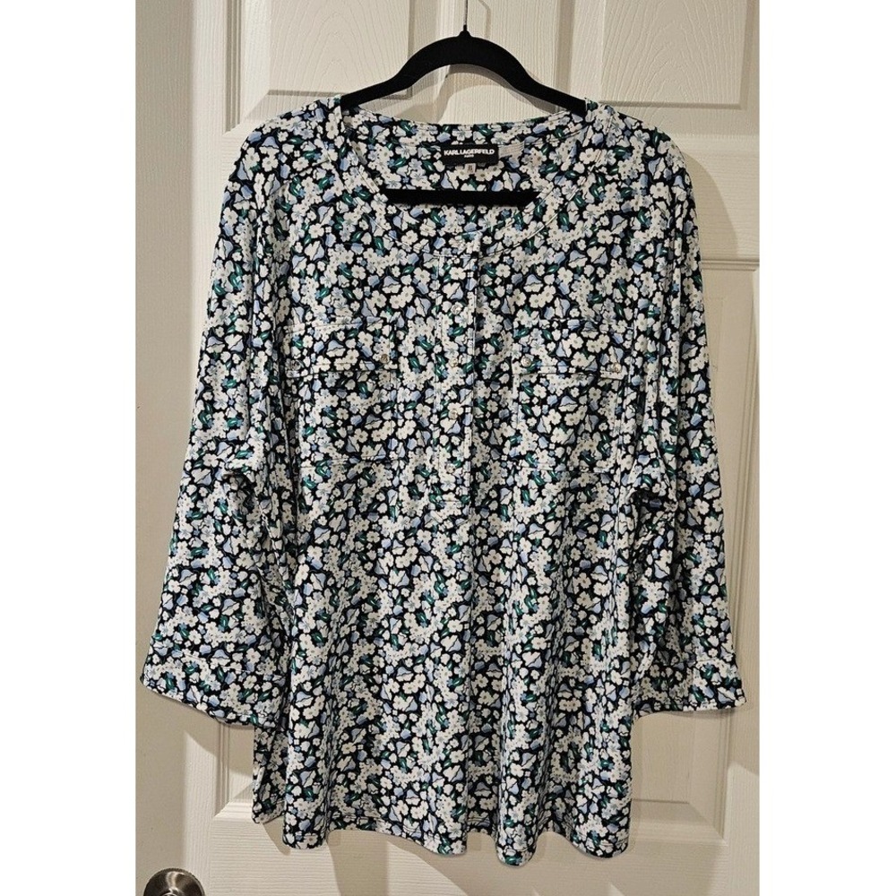 Karl Lagerfeld Paris Floral Blouse Womens 2X Black Blue Green Stretch Career Top